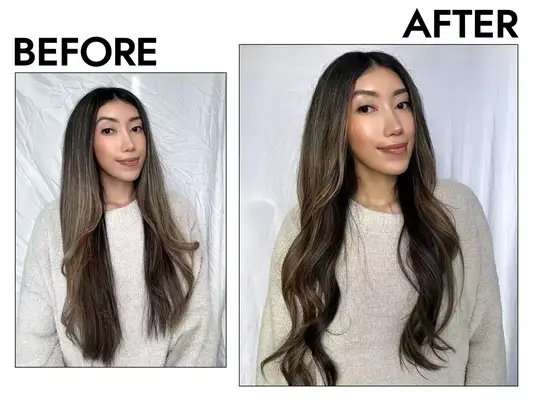 A person before and after using Color Wow Color Security Shampoo