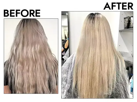 Before and after photos showing Amika Bust Your Brass Cool Blonde Repair Shampoo