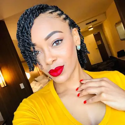 Woman wears half-pulled back mini twist bob