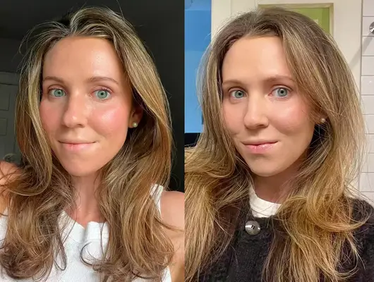 person showing the before and after effects of using K18 Biomimetic Hairscience Leave-In Molecular Repair Mask on their hair