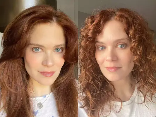 Two photos of a person wearing Olaplex No. 6 Bond Smoother and Ouai Anti-Frizz Crème