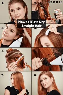 Woman blow dries her hair