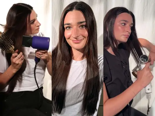 Side-by-side of a person using and showing the results of our favorite hairdryers for thick hair, including Dyson and Shark