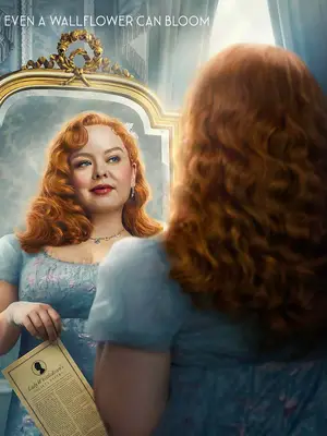 Nicola Coughlan dressed up as penelope featherington in bridgerton wearing red curly hair, blue dress