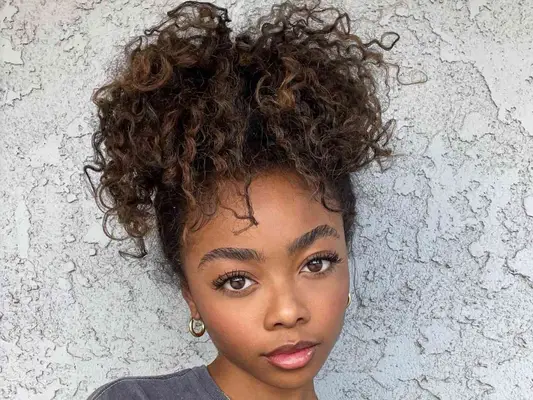 Actor Skai Jackson with a curly high ponytail 