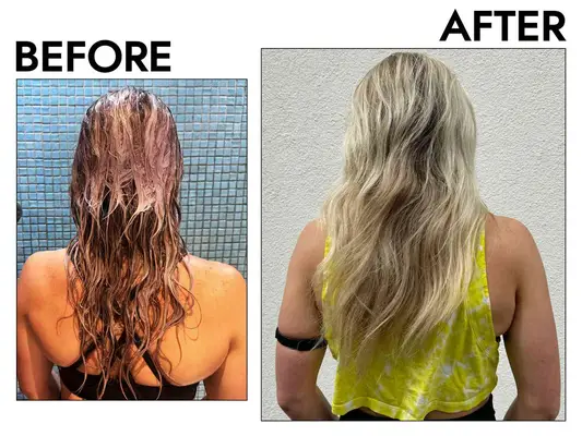 Photos of person with blonde hair during and after using Kérastase Bain Ultra-Violet Purple Shampoo