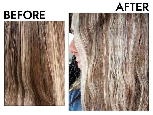Photos of person with blonde hair before and after using Kristin Ess The One Purple Shampoo 