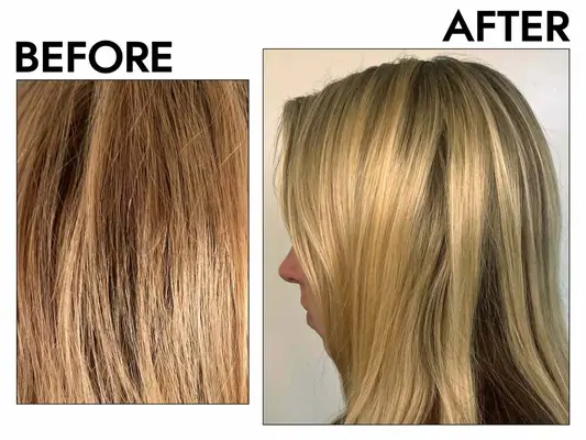 Photos of person with blonde hair before and after using dpHUE Cool Blonde Shampoo