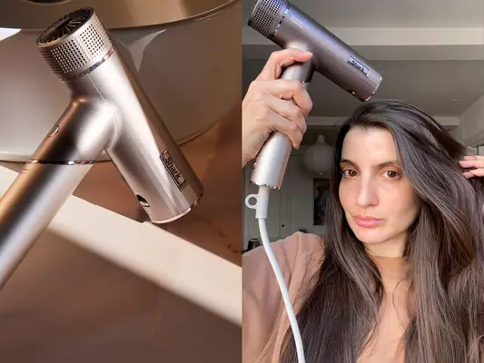 Shark SpeedStyle Travel Hair Dryer on display with a person using it to dry her hair
