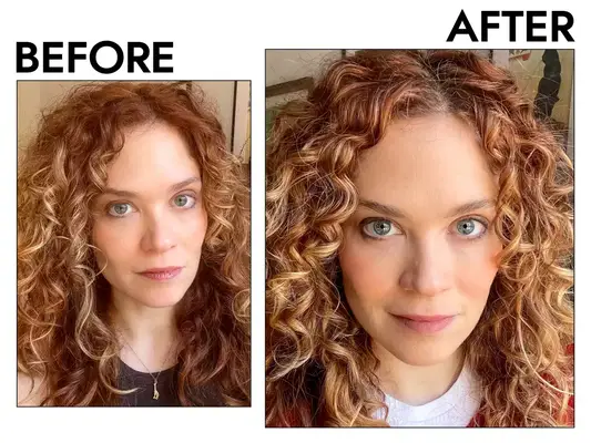 Before and after photos of a woman testing the T3 Aire IQ Hair Dryer