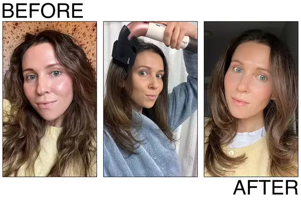 A person using the Dyson Supersonic Nural hair dyer on curly hair next to the Shark SpeedStyle Pro FLEX Hair Dryer System on a table