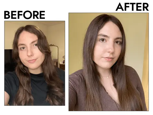 A collage of before and after photo of MYM Beauty editor Abby Dupes from using Shark