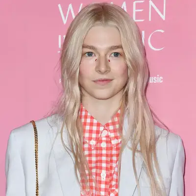 Hunter Schafer with icy platinum blonde long hair