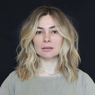 Natural brunette with balayage lob featuring silver-blonde highlights