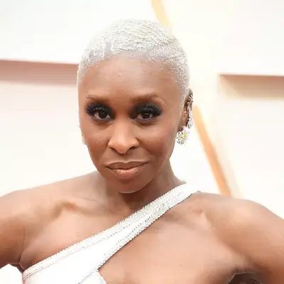 Cynthia Erivo wears short silver-blonde hair