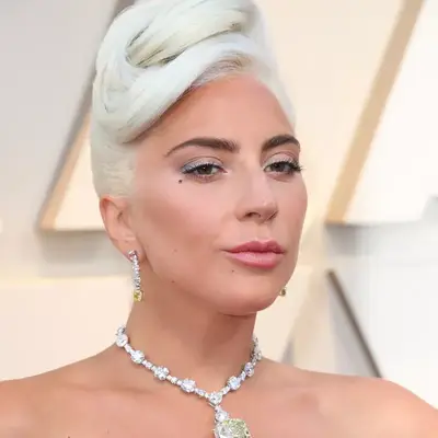 Lady Gaga wears a silver-blonde updo and the Tiffany diamond necklace