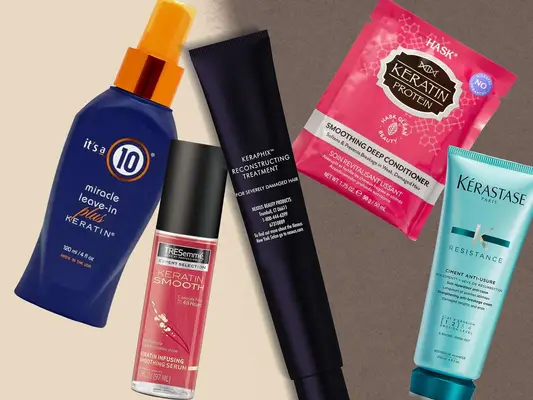 Collage of at-home keratin treatments, including It’s a 10, TRESemmé, Nexxus, Task, and Kérastase, on a colorful background