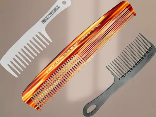 Collage of three combs for men, including Paul Mitchell, Baxter of California, and Chicago Comb, on a brown background