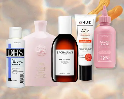 A collage of shampoos with salicylic acid against a neutral background, including products by DHS, Oribe, Sachajuan, dpHUE, and Sunday Riley