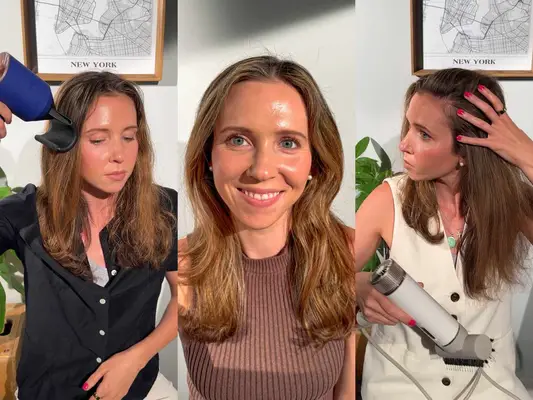 A collage of a person using blow dryers for fine hair from brands including Dyson and Shark