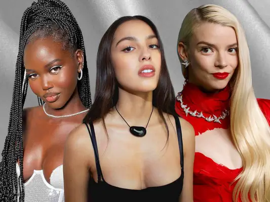 Adut Akech Bior, Olivia Rodrigo, and Anya Taylor-Joy on Gray Fabric Texture Background