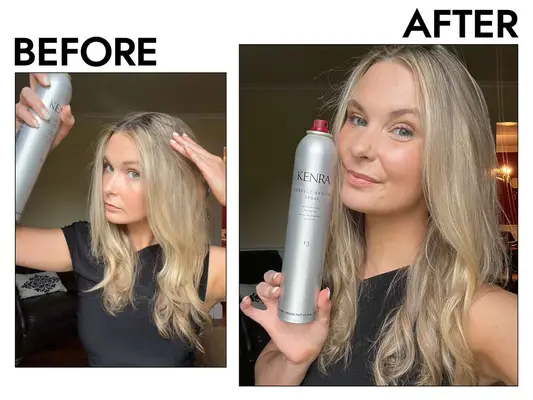 Two women demonstrating the use of hair products, one holding a spray bottle, one spraying their hair
