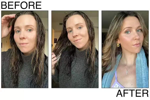 A person before and after using K18 Biomimetic Hairscience Leave-In Molecular Repair Hair Mask