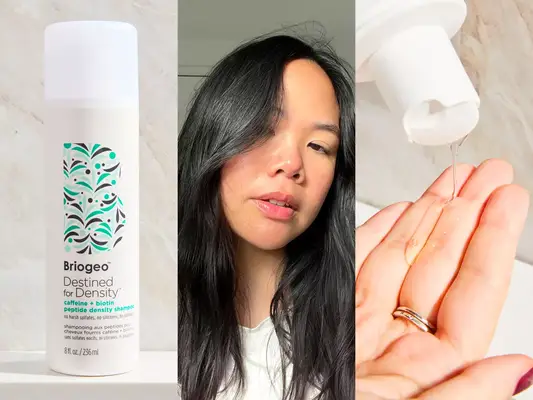 Briogeo Destined For Density Caffeine + Biotin Density Shampoo on a counter top, A person after using the Crown Affair Texturizing Air Mousse, and a person pouring Briogeo Destined For Density Caffeine + Biotin Density Shampoo into their hands