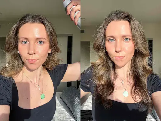 A person using the Living Proof Volume & Texture Spray and a person