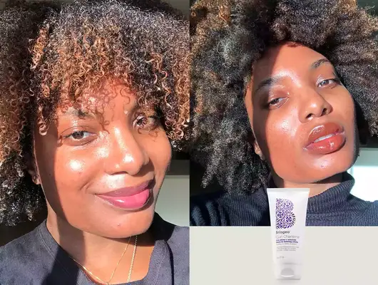 Person before and after putting briogeo charisma rice amino avocado leave defining creme in their hair and a bottle of the briogeo charisma rice amino avocado leave defining creme