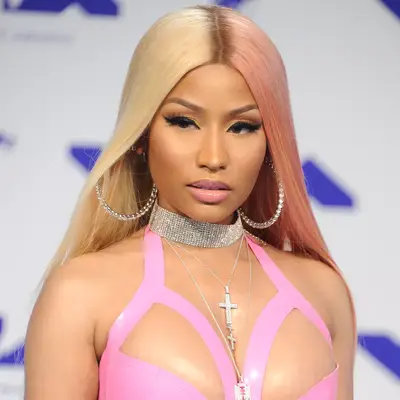 Nicki Minaj with pink and blonde hair at the 2017 MTV Video Music Awards in Inglewood, California