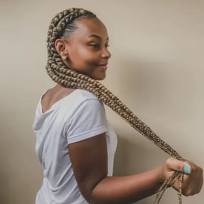 Woman with long blonde cornrowed box braids in low ponytail