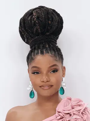 Halle Bailey in large umbo box braids dome bun with braids wrapped around base