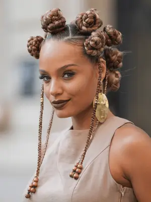 Alicia Aylies in blonde and brown Bantu knots and Fulani braids