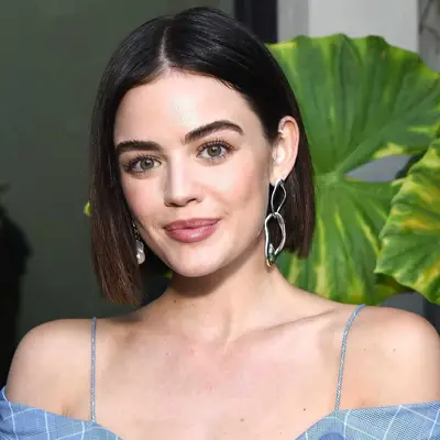 Lucy Hale with a balayage brown asymmetrical bob in 2018