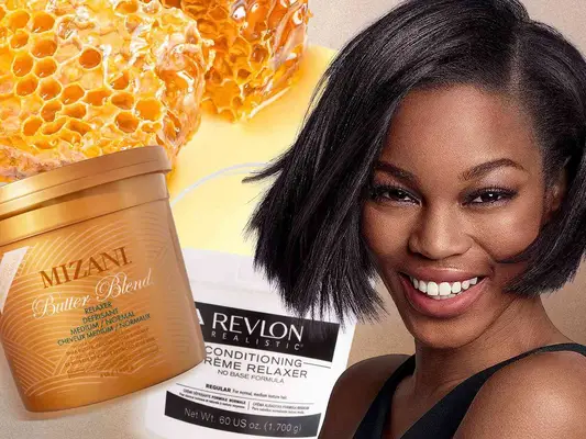 A person with short relaxed hair, honeycomb, and two hair relaxers, Mizani and Revlon, collaged on a neutral background