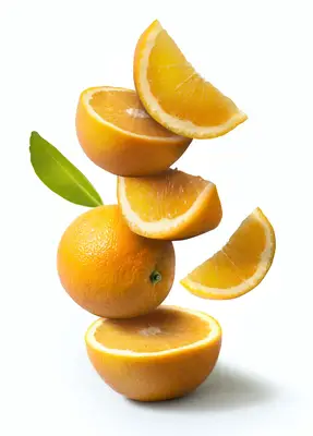 Orange and orange slices stacked vertically