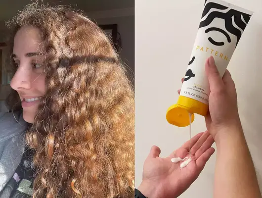 A collage featuring a tester after using a shampoo for curly hair on the left and a photo of the tester squeezing out the Pattern Hydrating Shampoo on the right