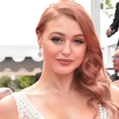 Iskra Lawrence in white pearl dress with side parted dark Rose Gold Hair