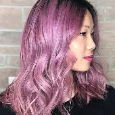 asian woman with purple hair to rose gold tips
