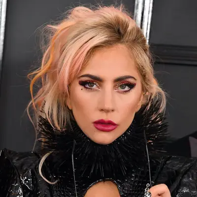 Lady Gaga with jewel-toned makeup and black leather outfit with understated Rose Gold Hair
