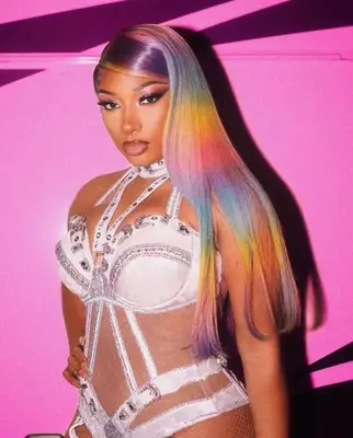 megan thee stallion wearing rainbow straight hair