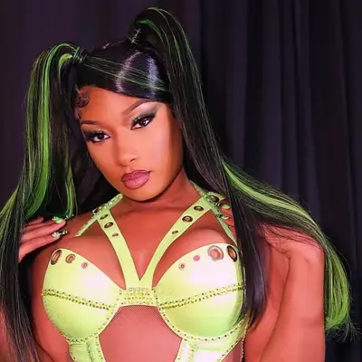 Megan Thee Stallion wearing lime green and black ponytails