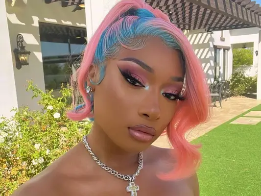 megan thee stallion wearing pink and blue hair in ponytail