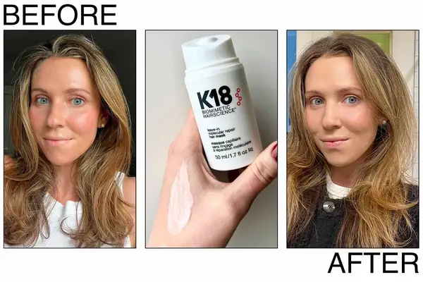Person showing K18 Biomimetic Hairscience Leave-In Molecular Repair Mask cream on their hand and a person showing the before and after effects of using K18 Biomimetic Hairscience Leave-In Molecular Repair Mask on their hair
