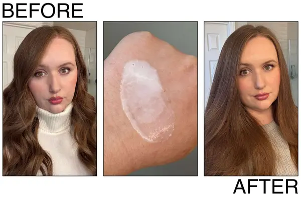 A before and after of a person using the Dove DermaCare Anti-Dandruff Shampoo