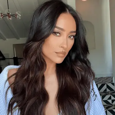 shay mitchell with long, espresso brunette waves