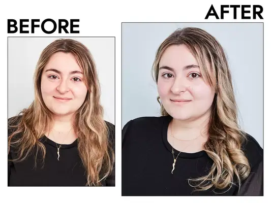 Photos of person before and after using Shark FlexStyle Air Styling & Drying System
