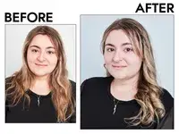 Photos of person before and after using Shark FlexStyle Air Styling & Drying System