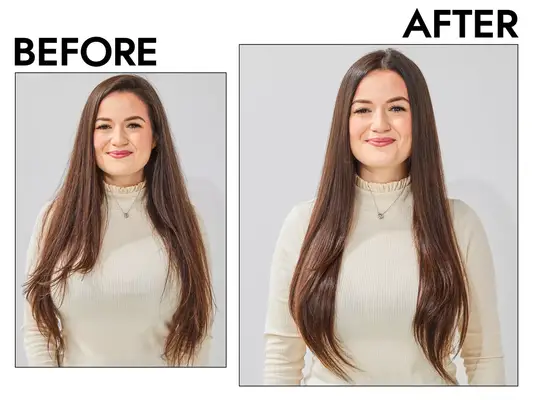 Photos of smiling person before and after using Drybar Reserve 3-In-1 Interchangeable Blow Dryer